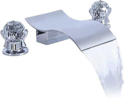 Widespread Bathroom Sink Faucet with Crystal Knob 3 Hole Waterfall Vanity Faucet 8 Inch Crystal Bathroom Faucets Deck Mount Basin Mixer Tap with Hose, Chrome