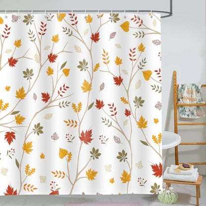 Fall Leaves Shower Curtain, Brown Eucalyptus Maple Leaf Plants Seasonal Autumn Bathroom Decor, Waterproof Cloth Fabric Bathroom Curtain with Hooks 72 x 72 inch