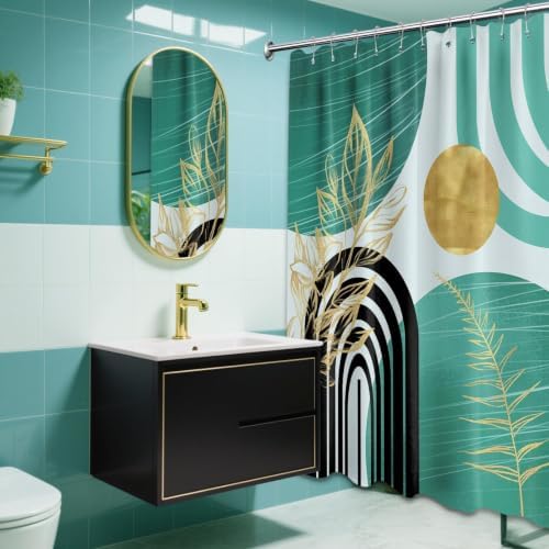 Teal and Gold Shower Curtain, 60X72 in, Mid Century Modern Turquoise