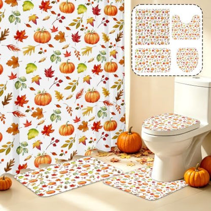 MEHOFOND Fall Shower Curtain Set 4-Piece Thanksgiving Decor Bathroom Set
