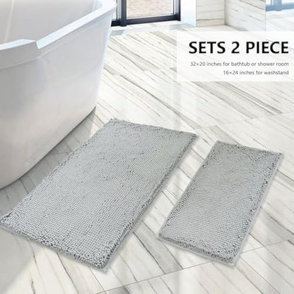 BOANKODU Bathroom Rugs Sets 2 Piece, Extra Soft Chenille Bath Mat Absorbent Bathroom Rug, Bathroom Mat with PVC Non-Slip Bottom, Machine Washable Bath Rugs (32x20 Inch + 24x16 Inch, Light Grey)
