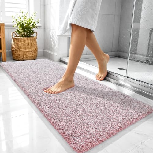 OLANLY Microfiber Bathroom Rugs 47x20, Quick Dry Mat, Deep Rose and White
