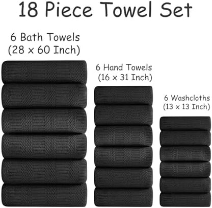 18 Pcs Black Woven Family Towels Set-6 Bath Sheets,6 Hand Towels,6 Washcloths Soft Polyester Towels Absorbent Shower Towel Quick Dry Beach Chair Towel Lint Less Towels Set for Bathroom Spa Gym Hotel
