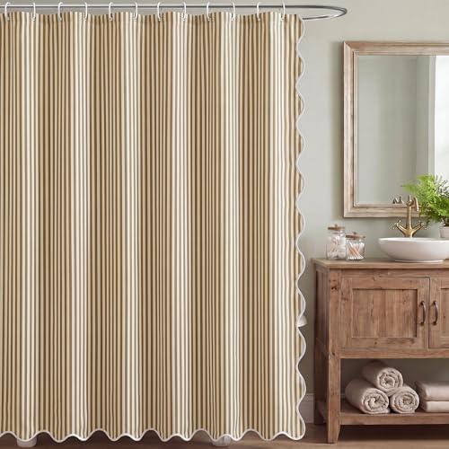 HunnmingRe Taupe Farmhouse Striped Shower Curtain Scalloped 72x72''