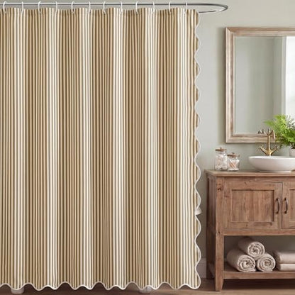 HunnmingRe Taupe Farmhouse Striped Shower Curtain Scalloped 72x72''