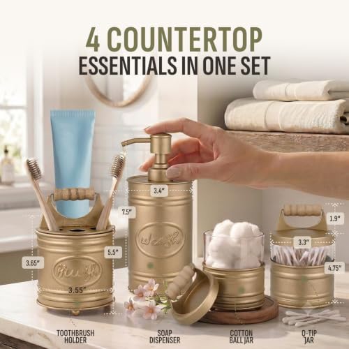 Autumn Alley Antique Gold Bathroom Accessories Set 4 - Farmhouse Soap Dispenser, Toothbrush Holder, 2 Apothecary Jars Qtip Holder - Gold Bathroom Decor – Rustic Farmhouse Bathroom Accessories