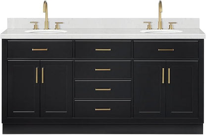 ARIEL Hepburn 72-inch Bathroom Vanity with Sink,Solid Wood, 1.5-inch Carrara White Quartz Countertop & Backsplash, Double Oval Porcelain Sink, 4 Soft Closing Doors, 6 Dovetail Drawers, Black
