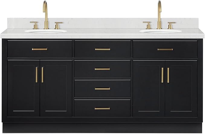 ARIEL Hepburn 72-inch Bathroom Vanity with Sink,Solid Wood, 1.5-inch Carrara White Quartz Countertop & Backsplash, Double Oval Porcelain Sink, 4 Soft Closing Doors, 6 Dovetail Drawers, Black