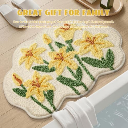 Cloud-Shaped Lily Bath Mat, Soft Non-Slip Fluffy Fresh Flowers Bathroom Rug, Ultra Absorbent Microfiber Shaggy Door Mat, Machine Washable Bath Rug Carpet for Bathtub Bedroom 20x31 Inch (Yellow Lily)