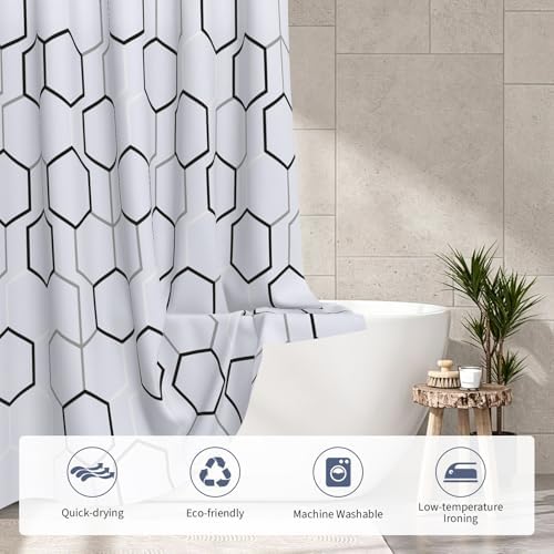 Modern Black and White Hexagon Geometric Shower Curtain, 72"W x 96"L