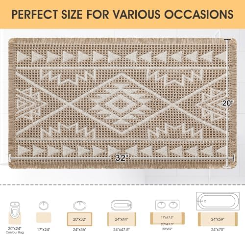 Waffle Bath Mat, Boho Woven Modern Bath Rug Absorbent Non Slip, Ultra Soft Bathroom Mats, Machine Washable Knit Bath Rugs with Triangle Border for Bathroom, Bedroom, Kitchen, 32"x20", Beige & White
