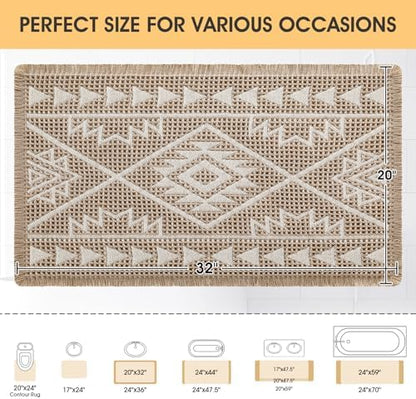 Waffle Bath Mat, Boho Woven Modern Bath Rug Absorbent Non Slip, Ultra Soft Bathroom Mats, Machine Washable Knit Bath Rugs with Triangle Border for Bathroom, Bedroom, Kitchen, 32"x20", Beige & White