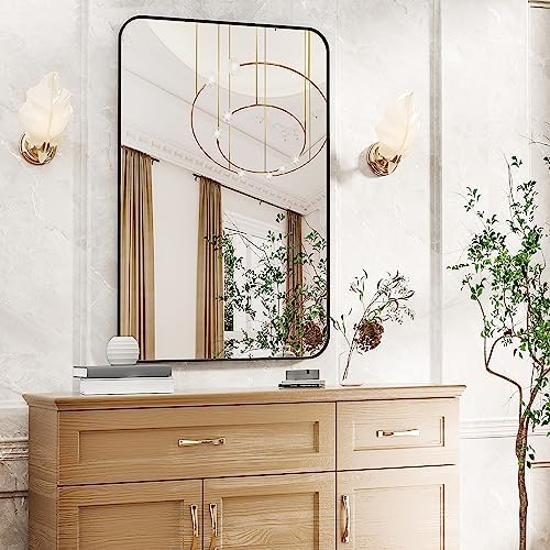 Antok 24x36 Black Metal Framed Bathroom Mirror, Wall Mirror with Round Corners, Vanity Mirror for Over Sink, Anti-Rust Tempered Glass, Horizontal/Vertical Hanging for Bathroom, Living Room, Entryway