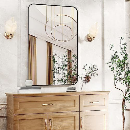 Antok 24x36 Black Metal Framed Bathroom Mirror, Wall Mirror with Round Corners, Vanity Mirror for Over Sink, Anti-Rust Tempered Glass, Horizontal/Vertical Hanging for Bathroom, Living Room, Entryway