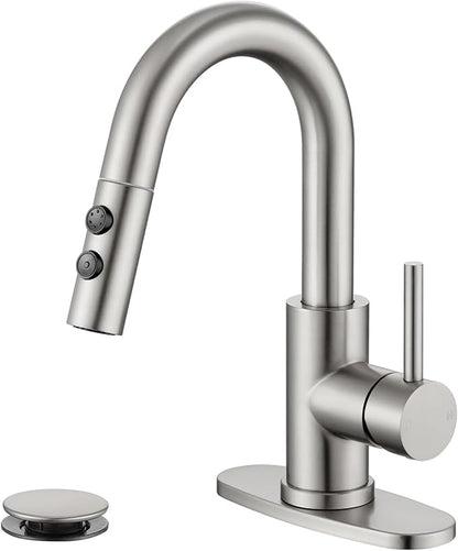 Brushed Nickel Bathroom Faucet with Pull Down Sprayer, Single Hole Bathroom Faucet with Pop-up Drain and Flexible Hoses, 1 Handle Sink Faucets for Vanity, Modern Farmhouse, Vanity, Restroom