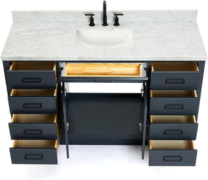 ARIEL Hepburn 60-inch Bathroom Vanity with Sink,Solid Wood, 1.5-inch Italian Carrara Marble Countertop, Single Rectangular Porcelain Sink, 2 Soft Closing Doors, 9 Dovetail Drawers, Midnight Blue