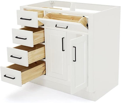ARIEL Hepburn 36-inch Bathroom Vanity Base Cabinet,Solid Wood, 2 Soft Closing Doors, 5 Dovetail Drawers, White