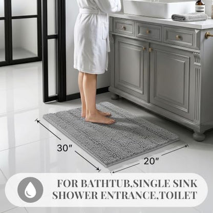 Bcoimo Bath Rug Mat,30x20 Chenille Non Slip Gray Bathroom Floor Shower Mats