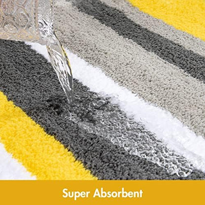 MIULEE Yellow Grey Bathroom Rug 20x30 Inch, Soft Thick Microfiber Striped Bath Mat, Non Slip Fluffy Plush Machine Washable Quick Dry for Bathroom Decor, Floor Tub and Shower