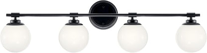 Kichler Benno 4-Light Vanity, Modern Light with Opal Glass in Black, for Bathroom or Powder Room (8.75" x 34"), 55173BK