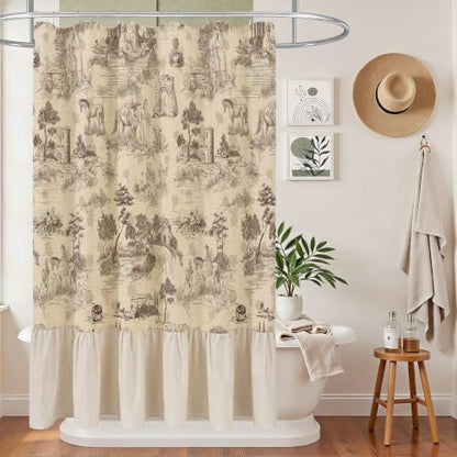 ORTIGIA Ruffle Linen Shower Curtain with Metal Hooks 72x72 Inch, Taupe Brown Toile de Jouy for Vintage French Country Waterproof Bathroom Decor Chateau Toile Pattern