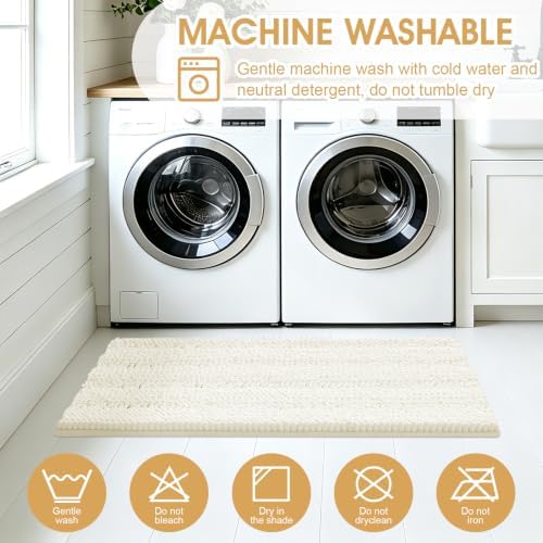 ACCUMTEK Striped Ice Cream Bathroom Rug Set 3 Pieces Ultra Soft, Non Slip Chenille Toilet Mat, Absorbent Plush Shaggy Bath Mats for Bathroom, Bedroom, Kitchen