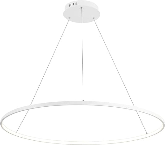JONATHAN Y 35" Matte White Modern Integrated LED Pendant Light, Dimmable Round Hoop Chandelier for Kitchen Island, Dining Room, Adjustable Height Metal Hanging Light (JYL7220I)