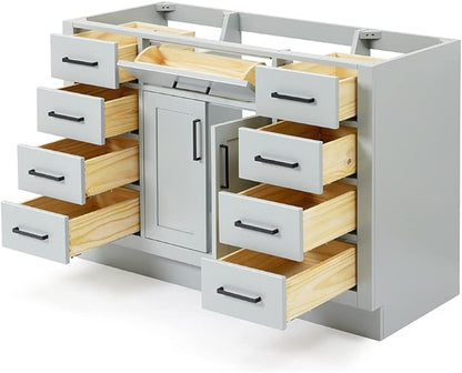 ARIEL Hepburn 48-inch Bathroom Vanity Base Cabinet,Solid Wood, 2 Soft Closing Doors, 9 Dovetail Drawers, Grey
