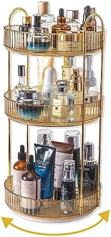 Asayuee 360 Rotating Makeup Organizer for Vanity,3 Tier Large Capacity Vanity Storage,Skincare Perfume Spinning Organizer,Bathroom Cosmetics Storage Makeup Stand Organizer (Gold-3 Tier)