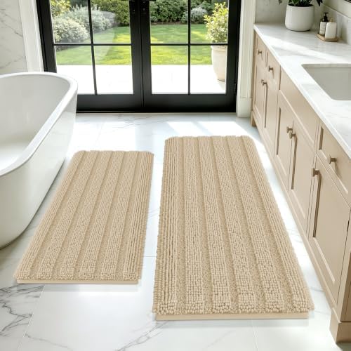 ACCUMTEK Striped Beige Bathroom Rug Mat Set 2 piece 24"x17"+48"x20" Ultra Soft, Non Slip Chenille Bath Rugs, Absorbent Plush Shaggy Bath Mats for Bathroom, Bedroom, Kitchen, Shower, Tub