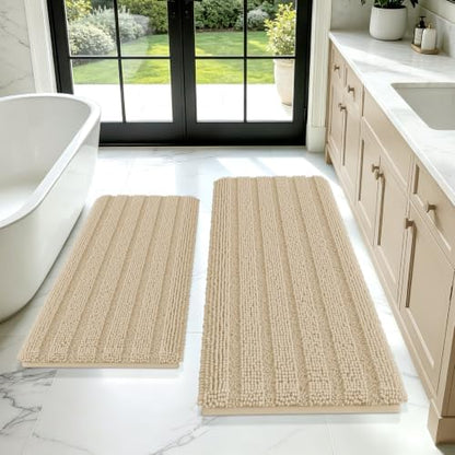 ACCUMTEK Striped Beige Bathroom Rug Mat Set 2 piece 24"x17"+48"x20" Ultra Soft, Non Slip Chenille Bath Rugs, Absorbent Plush Shaggy Bath Mats for Bathroom, Bedroom, Kitchen, Shower, Tub