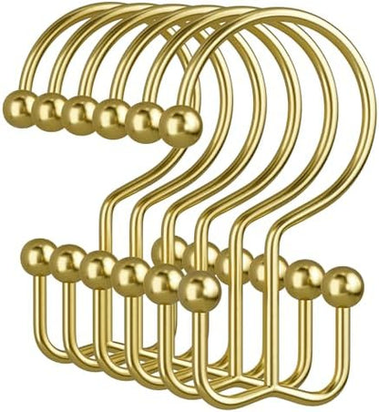 Amazer Gold Shower Curtain Hooks, 12PCS Minimalist Simple Double Shower Curtain Rings, Rust-Resistant Metal Shower Hooks Shower Curtain Hangers, Shower Rings for Bathroom Shower Rods Curtains