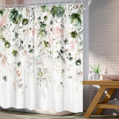 Rustic Green Pink Floral Eucalyptus Leaves Bathroom Shower Curtain Set