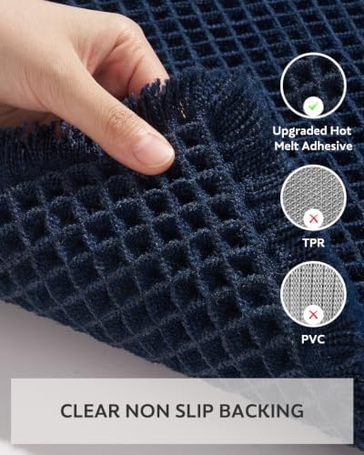 tchdio Waffle Bath Mat Rug, Super Absorbent Non Slip Bath Mats Ultra Soft Bathmat Machine Washable Bathroom Rugs with Tassels, Bath Rugs for Bathroom Floor Beside Tub, 20" x 32", Navy Blue