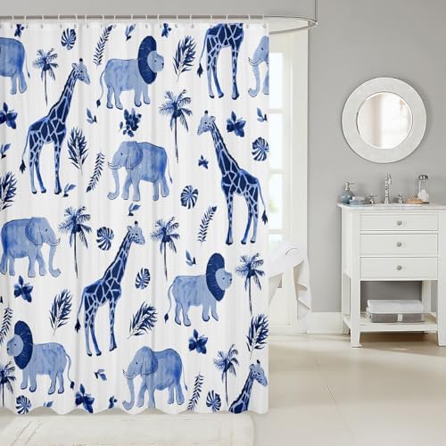 Feelyou Safari Animal Shower Curtain Kids Boys Elephant Lion Giraffe Bathroom Waterproof Accessories with 12 Hooks 72x78 Inches Hunter Blue Rust Wildlife Room Decor