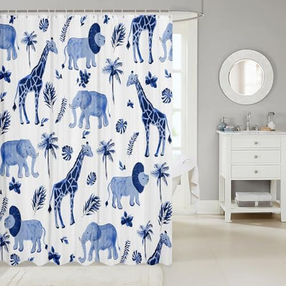 Feelyou Safari Animal Shower Curtain Kids Boys Elephant Lion Giraffe Bathroom Waterproof Accessories with 12 Hooks 72x84 Inches Hunter Blue Rust Wildlife Room Decor
