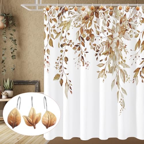 Brown Plant Leaf Shower Curtain Hooks,Eucalyptus Bathroom Decor,12PCS