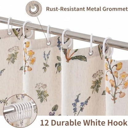 Floral Farmhouse Vintage Linen Shower Curtain 72x72in with 12 Plastic Hooks
