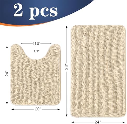OLANLY Chenille Bathroom Rugs Mats Sets 2 Piece, 36"x24"+24"x20", Beige