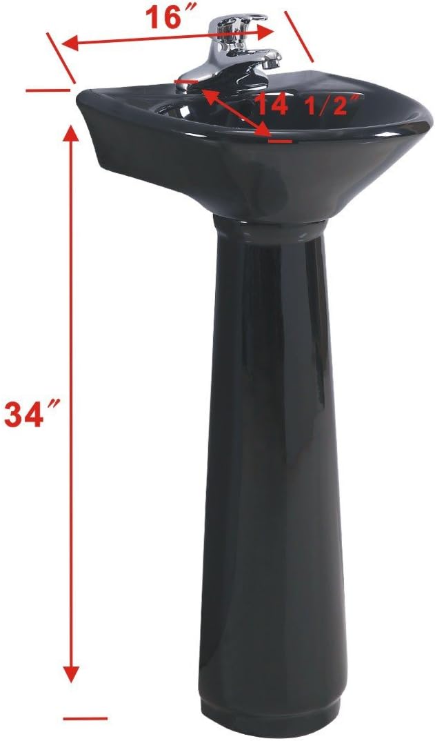 Renovators Supply Manufacturing Ondine 16" W x 34" H x 14.5" Proj. Glossy Black Pedestal Sink, Vitreous China, with Overflow and 4 in. Centerset Faucet Holes