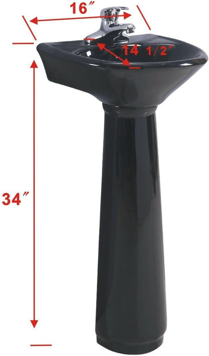 Renovators Supply Manufacturing Ondine 16" W x 34" H x 14.5" Proj. Glossy Black Pedestal Sink, Vitreous China, with Overflow and 4 in. Centerset Faucet Holes