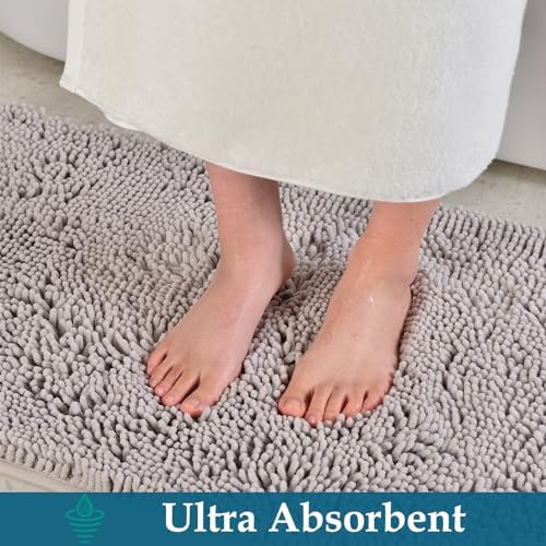 Bathroom Rugs Set 2 Piece Bath Mats Non Slip for Bathrooms, Thick Soft Chenille Rug Set, Bathtub Mats, Ultra Absorbent Bath Carpet, Shaggy Floor Mat, Ashy Grey, 20"x32" & 16"x24"