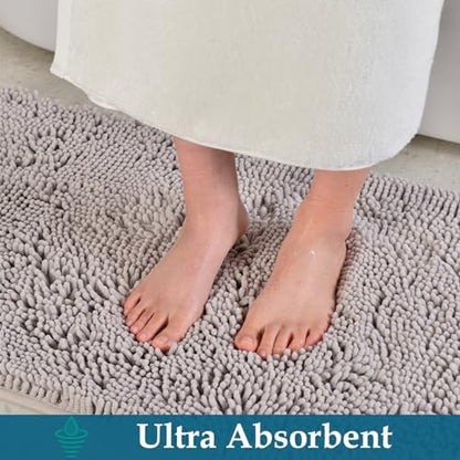 Bathroom Rugs Set 2 Piece Bath Mats Non Slip for Bathrooms, Thick Soft Chenille Rug Set, Bathtub Mats, Ultra Absorbent Bath Carpet, Shaggy Floor Mat, Ashy Grey, 20"x32" & 16"x24"
