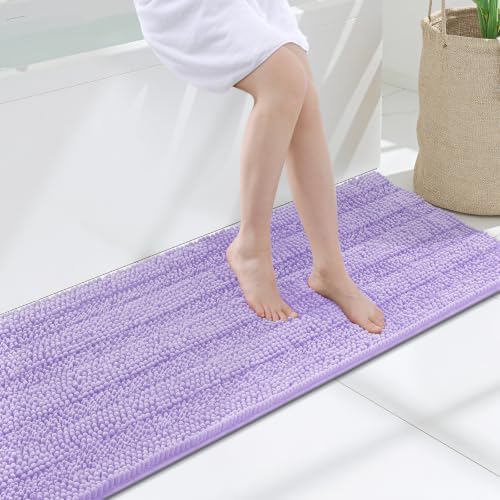 Grandaily Chenille Striped Bathroom Rugs 47x17, Extra Thick and Soft Absorbent Bath Mats, Rubber Backing, Plush Shaggy Shower Carpet, Machine Wash Dry, Bath Rug for Bathroom, Light Purple