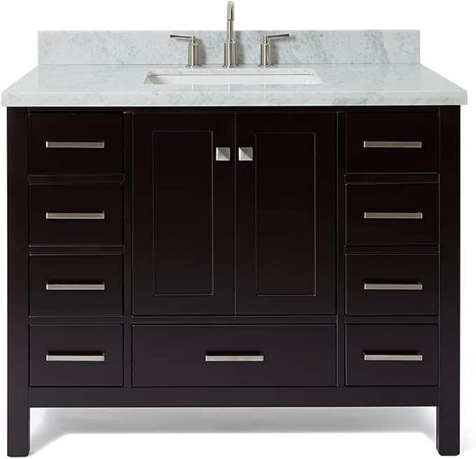 ARIEL Cambridge 42-inch Bathroom Vanity with Sink,Solid Wood, 1.5-inch Italian Carrara Marble Countertop, Single Rectangular Porcelain Sink, 2 Soft Closing Doors, 9 Dovetail Drawers, Espresso