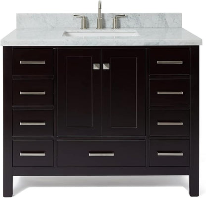 ARIEL Cambridge 42-inch Bathroom Vanity with Sink,Solid Wood, 1.5-inch Italian Carrara Marble Countertop, Single Rectangular Porcelain Sink, 2 Soft Closing Doors, 9 Dovetail Drawers, Espresso