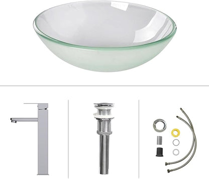 Bathroom Vessel Sink, Tempered Glass Vanity Round Bowl with Chrome Faucet and Pop up drain Set, Frosted