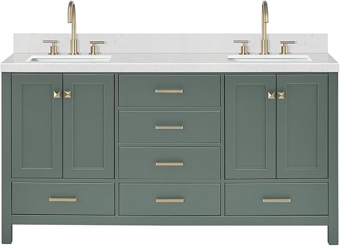 ARIEL Cambridge 66 Inch Double Rectangle Sink Bathroom Vanity with Carrara White Quartz Countertop 1.5 Inch in Vintage Green