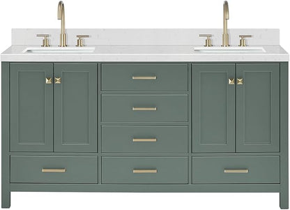 ARIEL Cambridge 66 Inch Double Rectangle Sink Bathroom Vanity with Carrara White Quartz Countertop 1.5 Inch in Vintage Green