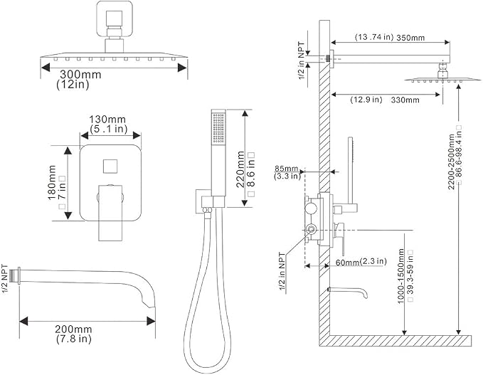 Brushed Nickel Rain Shower System Tub Shower Faucet Set 12 Inch Square Rainfall Shower Head with Handheld Sprayer and Tub Spout Rough-in Valve Shower Mixer Combo Kit